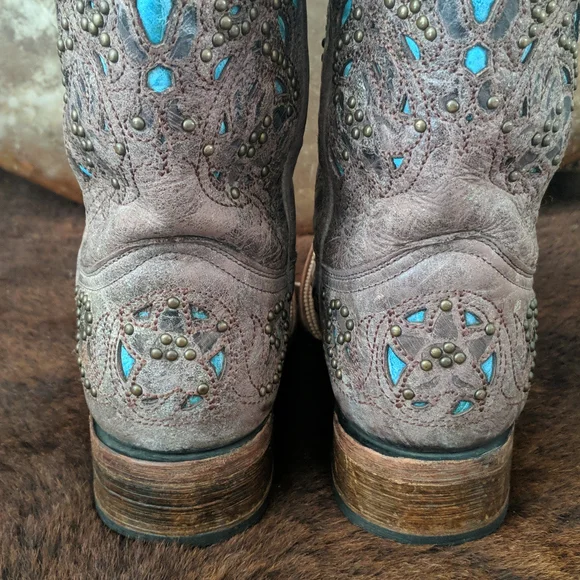 CORRAL A1149 brown studded leather cowgirl western boots turquoise inlay sz 7 - Picture 13 of 16